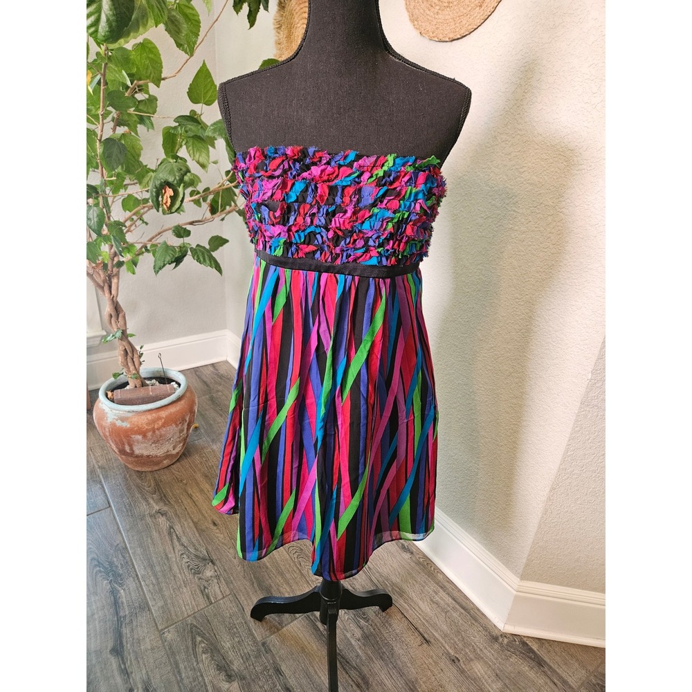 Vtg Betsey Johnson Rainbow Striped Silk Dress 90s Y2K Ruffle Strapless Size 10
